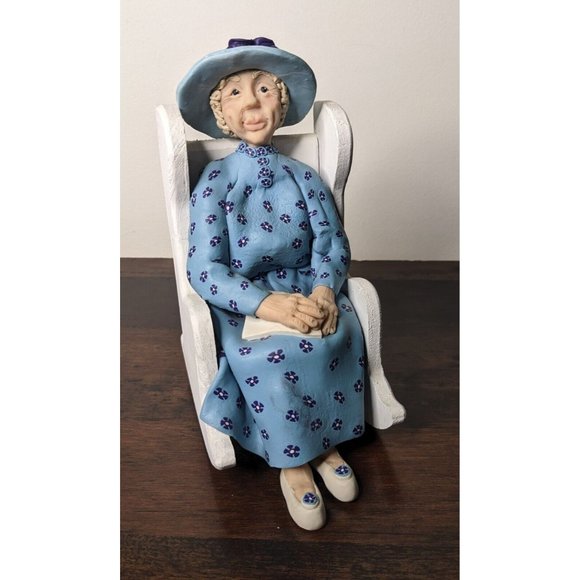 VTG Polymer Clay Handmade Old Woman Sitting on a Rocking Chair - 8" Hat Flowers - Picture 7 of 15